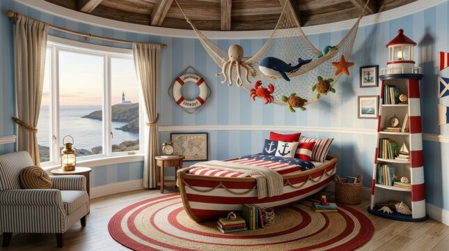 Nautical themed bedroom with a boat bed and ocean view