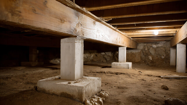 Subterranean crawl space with concrete foundation pillars and wooden support beams visible beneath a residential structure, dimly lit environment