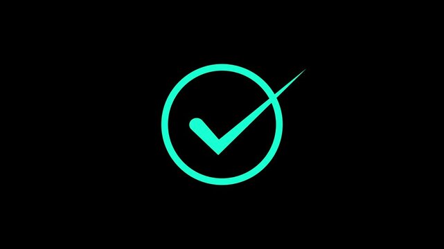 Simple cyan check mark in circle on black background animated icon tick correct yes approval success tick correct yes approval success