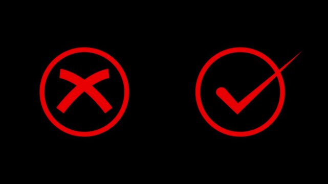 Red x mark and check mark icons side by side on black background animated cross yes correct wrong error cross yes correct wrong error