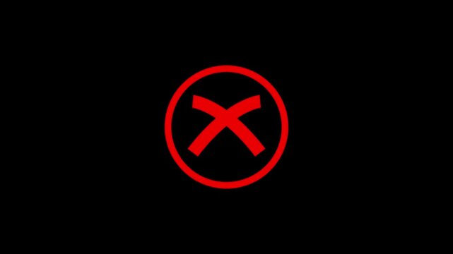 Red x mark symbol inside a circle on black background motion graphic cross wrong error incorrect fail cross wrong error incorrect fail