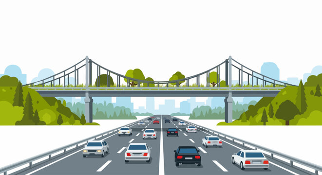 Green Bridge Over Busy Highway with Cars, Eco-Friendly Urban Infrastructure and Sustainable City Planning Vector Illustration