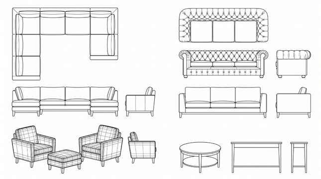 Technical Blueprint Couch Illustrations - Top Elevation and Side View Furniture Icons