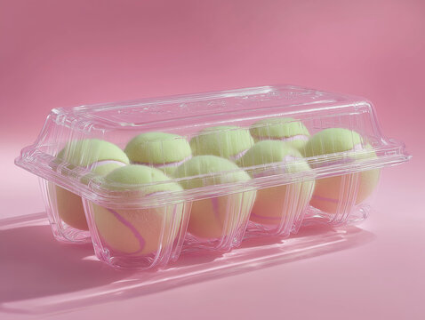 Green tennis balls sealed in a clear plastic clamshell on a pink studio background. Sport packaging image for fitness branding and modern advertising.
