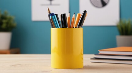Fototapeta premium Yellow pen holder with assorted pens and pencils sits on a wooden desk near stacked notebooks. Office supplies arranged for work or study. Background shows teal wall with artwork and potted plant.