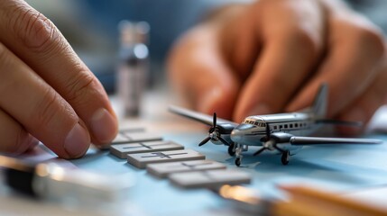 Fototapeta premium Hands Arranging Route Markers Next to Aircraft Model and Fuel Sample Vial