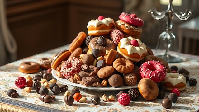 overthrow. A lavish still life of cakes and donuts spilling onto a patterned tablecloth in soft morning light. menu design.
