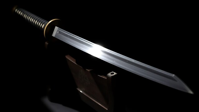 unsheathed. Japanese katana on dark lacquered stand with sharp shadows. event programs, museum guides, designed for cultural heritage projects and event programs, preserves heritage.