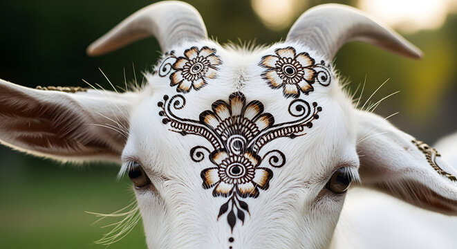 White goat with intricate henna design on its forehead and between its horns.