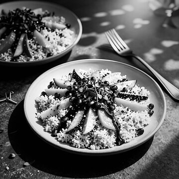 Lebanese fattoush salad with sumac and pomegranate in black and white