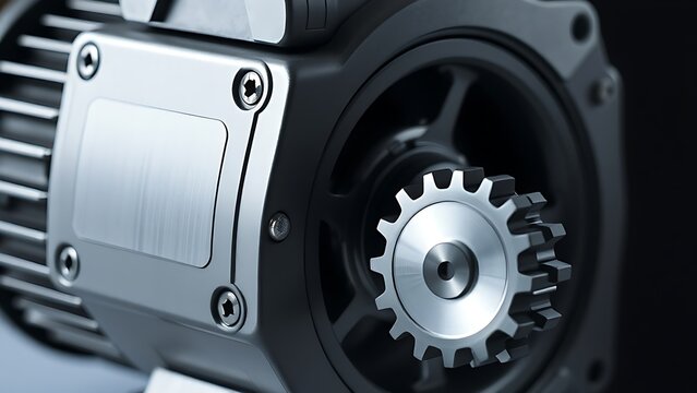 conductance. Industrial stepper motor with metallic housing and gear mechanism. product launch decks, UI/UX mockups, designed for data visualization dashboards and holographic UIs.