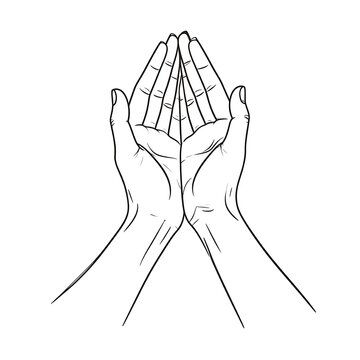 A line drawing of two hands cupped together in prayer