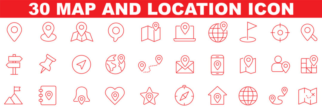 Map and location icon set. Navigation, GPS, direction, travel, route, destination, road, navigator icons. Thin line editable stroke vector illustrations.