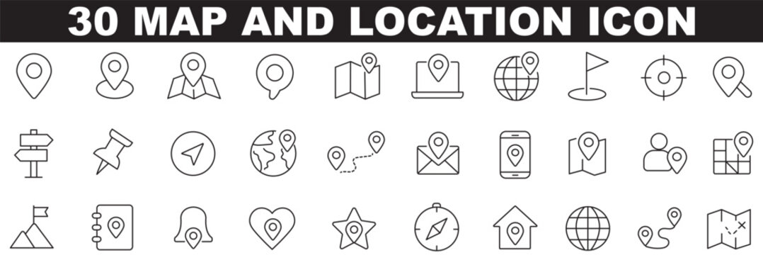 Map and location icon set. Navigation, GPS, direction, travel, route, destination, road, navigator icons. Thin line editable stroke vector illustrations.