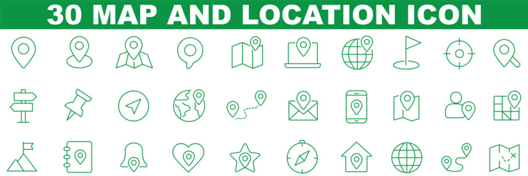 Map and location icon set. Navigation, GPS, direction, travel, route, destination, road, navigator icons. Thin line editable stroke vector illustrations.