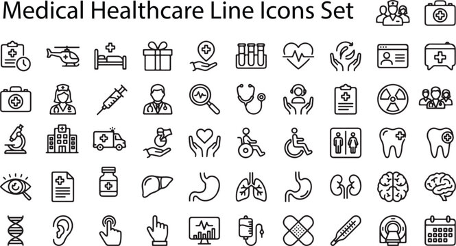 Medical Healthcare Line Icons Set Featuring Hospital Emergency Doctor Anatomy Wellness Diagnostic and Patient Care Vector Symbols