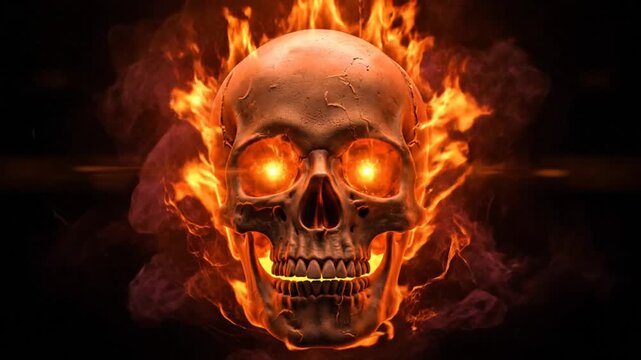 Fiery skull with blazing eyes and intense flames against a dark backdrop representing hell