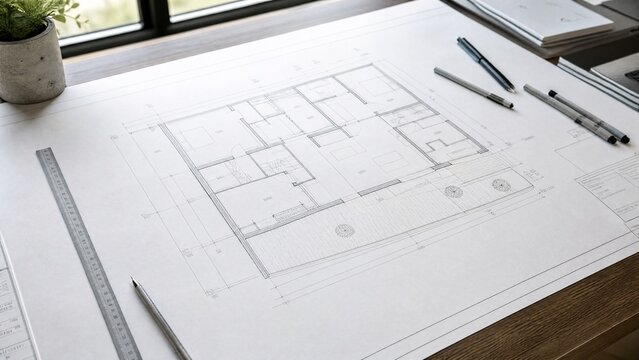 floorplan. A minimalist architectural floor plan on a drafting table, featuring clean lines and natural lighting. real-estate listings.