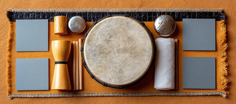 World rhythm practice setup with frame drum, shakers, sticks, cloth, and blank cards on sand