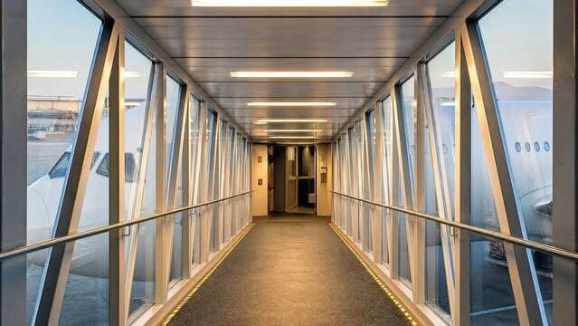 jetway. An empty airport boarding bridge connected to an aircraft, illuminated by interior lighting. mobility guides, transit brochures, designed for mobility and urban transit guides.