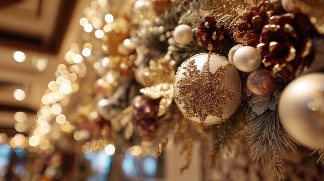 Holiday decoration cheerful spirit and winter nostalgia selective focus elegant christmas theme dynamic blend mode luxury hotel lobby backdrop. 