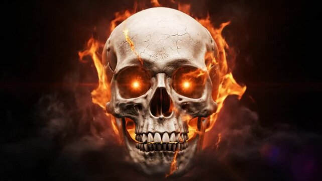 Fiery animated skull with glowing eyes and smoke on dark background for Halloween or horror themes