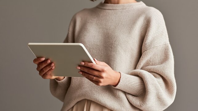 Person holding tablet in beige sweater