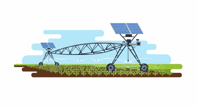 Solar Powered Irrigation System in Agriculture Field Illustration. Smart Farming and Sustainable Agriculture Concept. Modern Sprinkler System Watering Crops.
