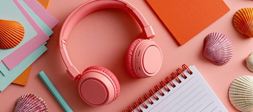 Language learning vacation essentials with blank flashcards, headphones, notebook and seashells