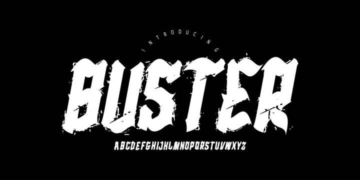 Buster: A bold urban horror display. Distorted grunge blackletter for metal posters, edgy branding, and street designs.