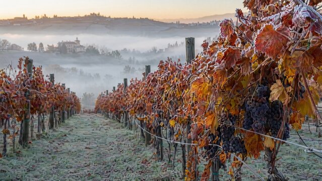 nebbiolo. Autumn vineyard with rows of grapevines in morning fog and frost at dawn. representing seasonal cycles and harvest abundance.