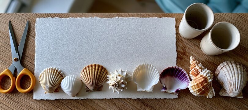Craft activity setup with blank paper, seashells, scissors, and cups on wooden table