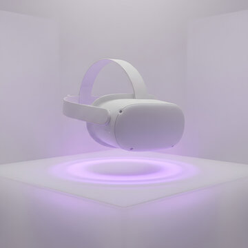 Minimalist shot of a white vr headset floating above a glowing purple circle.