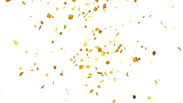 Gold confetti celebration 3d Rendering Transparent Confetti.	Gold Confetti against a White Background. Falling shiny gold confetti.  Holiday design elements.