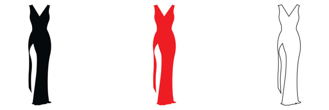 Women long  dress icon.  Symbolizing elegance, fashion, formal wear, and special occasions. front view.