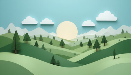 Fototapeta premium Landscape featuring layered paper cutouts of rolling green hills, stylized evergreen trees, a bright sun, and fluffy white clouds creates a charming scene with ample copy space.