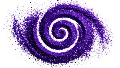 A vibrant purple spiral design, surrounded by scattered purple glitter or powder, on a plain white background