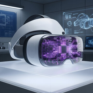 Virtual reality headset with glowing circuit board on a light table in a tech lab.