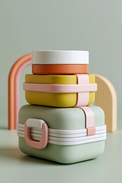 Pet travel accessories with blank bowl and suitcase on pastel background