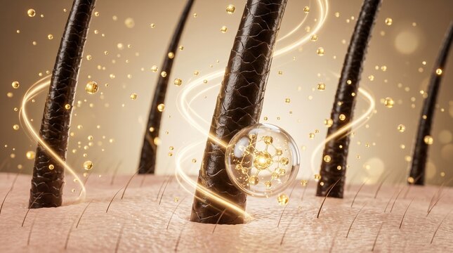 Detailed macro shot of healthy hair strands in a nourishing liquid with glowing particles treatment nutrition moisture hydration follicle cosmetic conditioner particle abstract