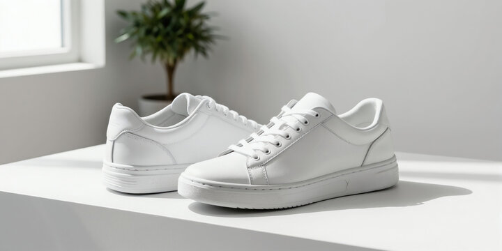 Clean white leather sneakers on bright surface. Pair of casual shoes with laces, ready for use. Minimalist footwear styled for modern fashion and daily wear.