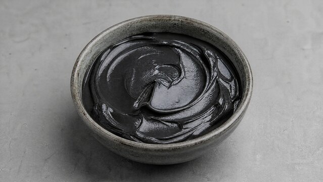 cosmopolitanism. Ceramic bowl with black cosmetic mask on gray background, beauty product close-up. lifestyle magazines.