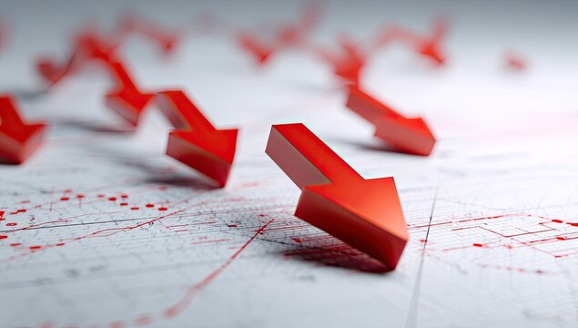 Sharp red arrows point downward on a graph indicating financial decline