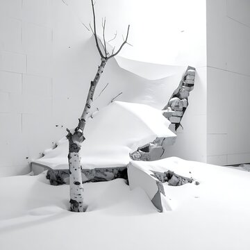 A barren tree stands amidst snow and rubble in a white room