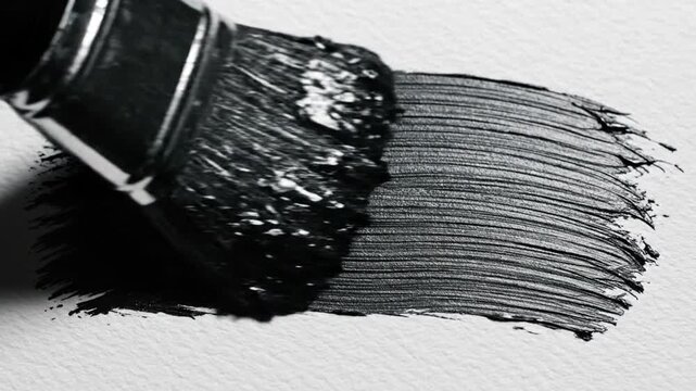 Macro shot of black paint brush stroke on textured paper