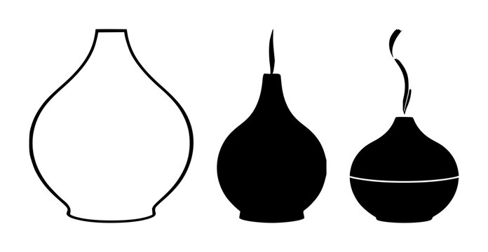 Aromatherapy set with solid black icon design featuring aroma diffuser, essential oils, fragrance with nebulizer and humidifier