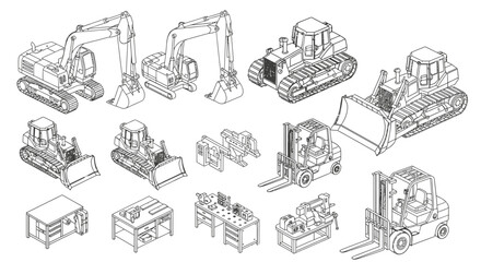 Obraz premium construction and industrial equipment line art isometric set featuring heavy machinery vehicles and workshop tools.