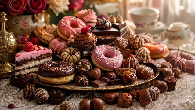 overthrow. A lavish still life of cakes and donuts spilling onto a patterned tablecloth in soft morning light. menu design.