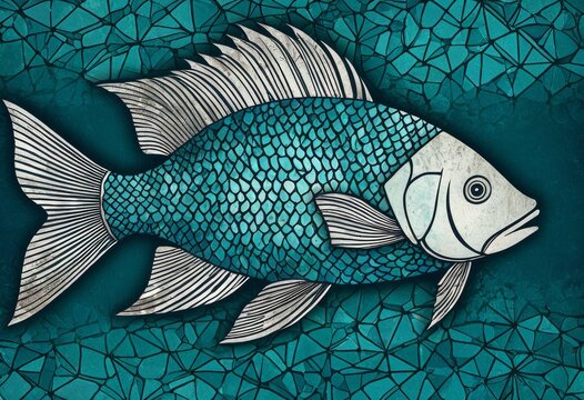 Stylized fish illustration on blue scale pattern background