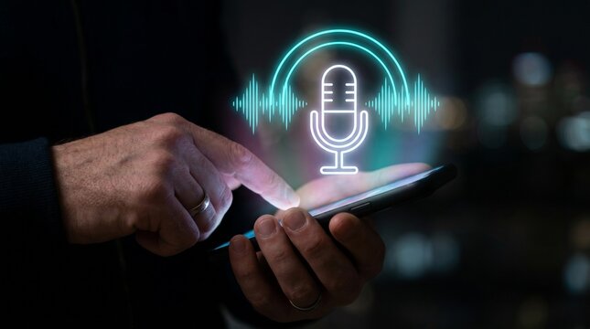 Close-up of a human hand interacting with a smartphone displaying a glowing voice recognition microphone icon, symbolizing modern digital communication and artificial intelligence technology
